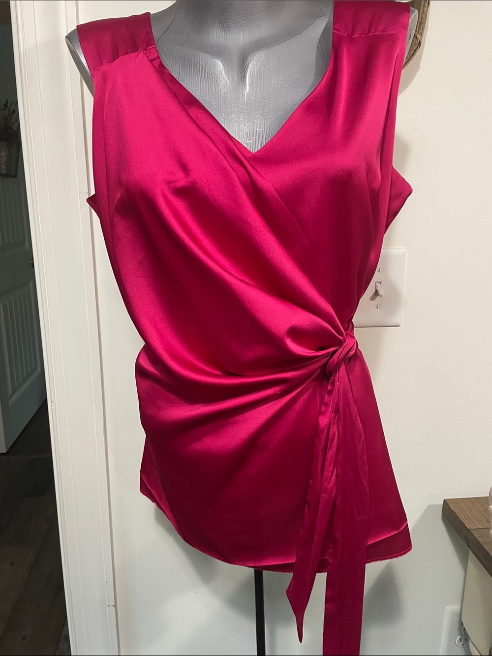 New York & Company Sleeveless Satin Wrap Top - Hot Pink